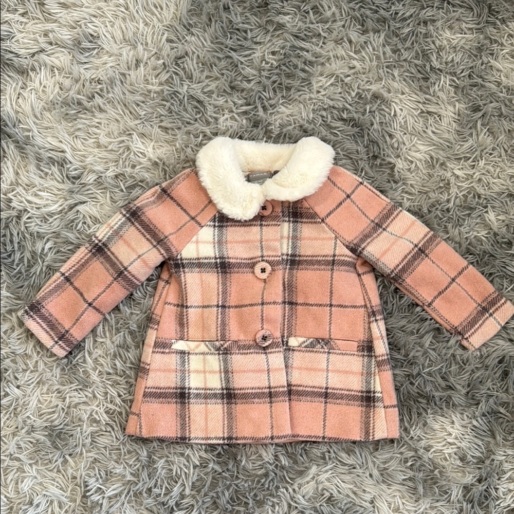 Plaid Pink Kids Coat with Faux Fur Collar
